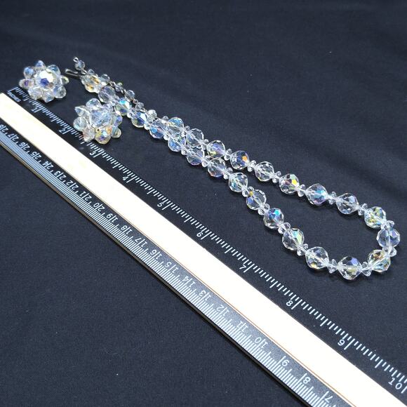 Vintage AB Crystal Beaded Necklace & Clip Earring Set - Picture 5 of 10